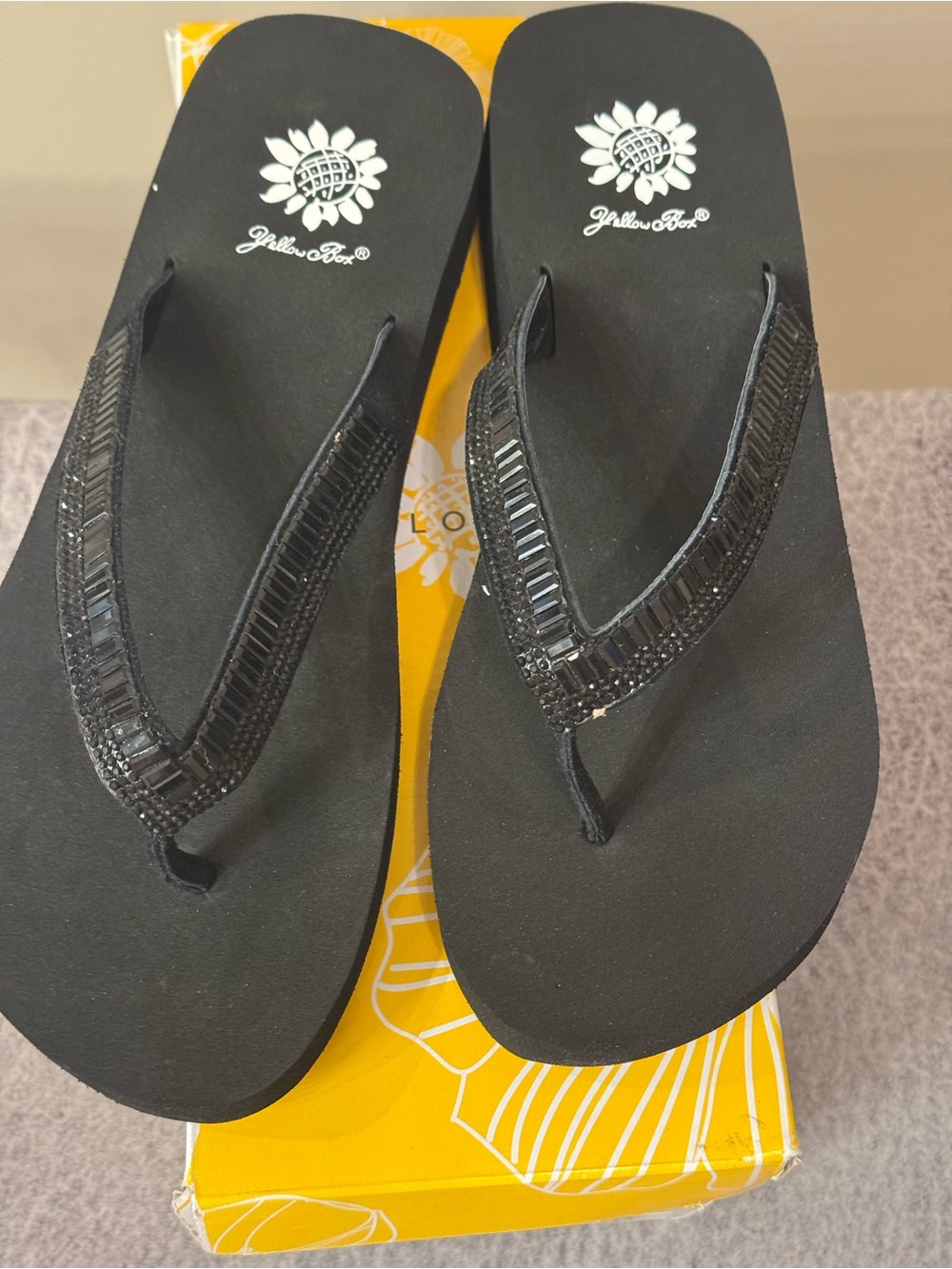 Yellow Box Black Beaded Wedge Flip Flops - Women's NEW